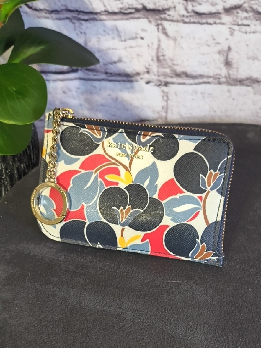 kate spade Floral Zip Card Wallet in Navy, Red, White & Yellow